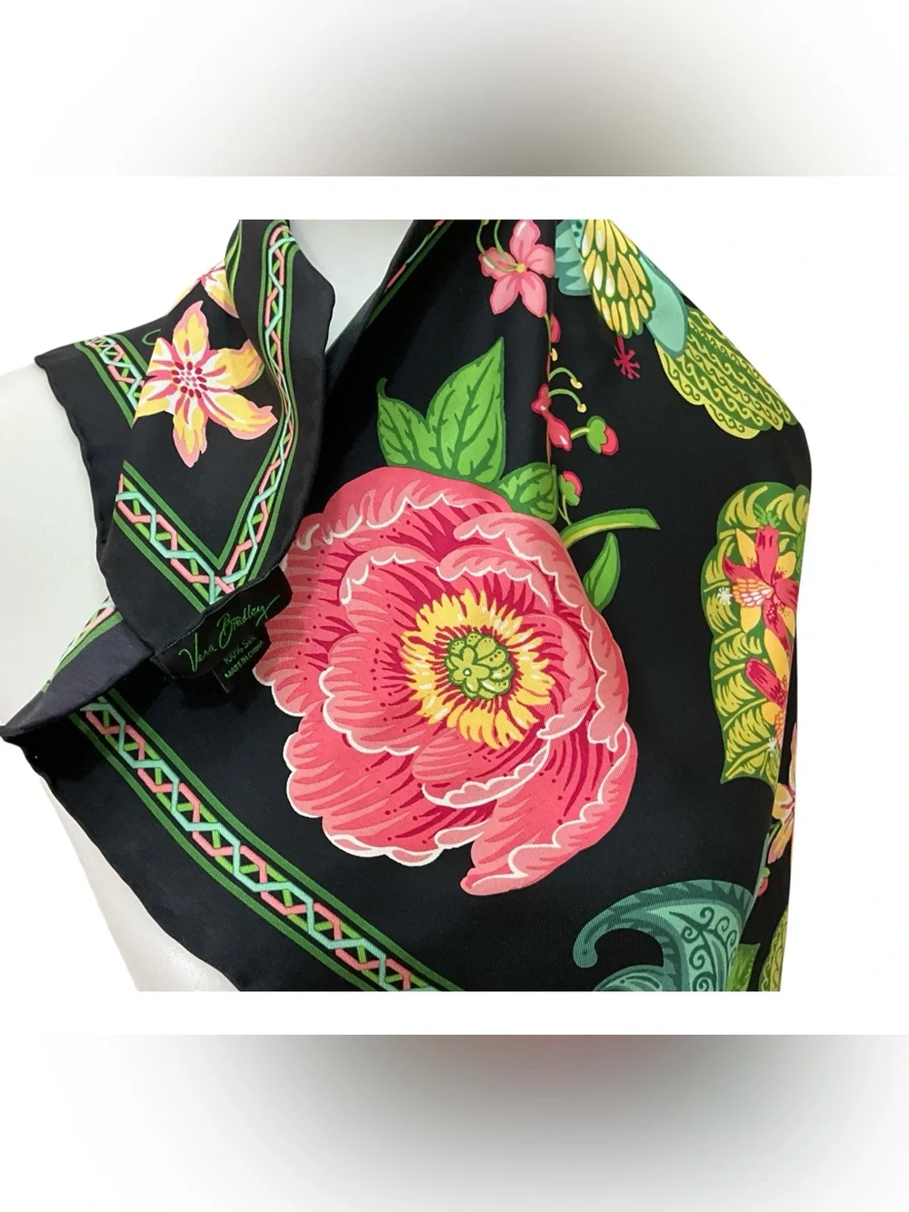 Vera Bradley Botanica 100% Silk Scarf 27” Square Black Floral